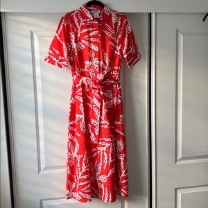 NWOT $129 DKNY Cotton Poplin Orange White Botanical Print Midi Dress sz 2 4